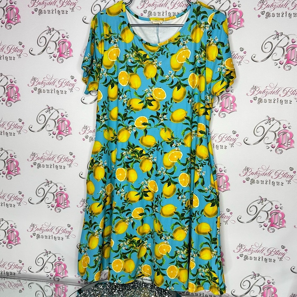 Yelete dress Lemon Print Blue yellow pockets on sides Tshirt style